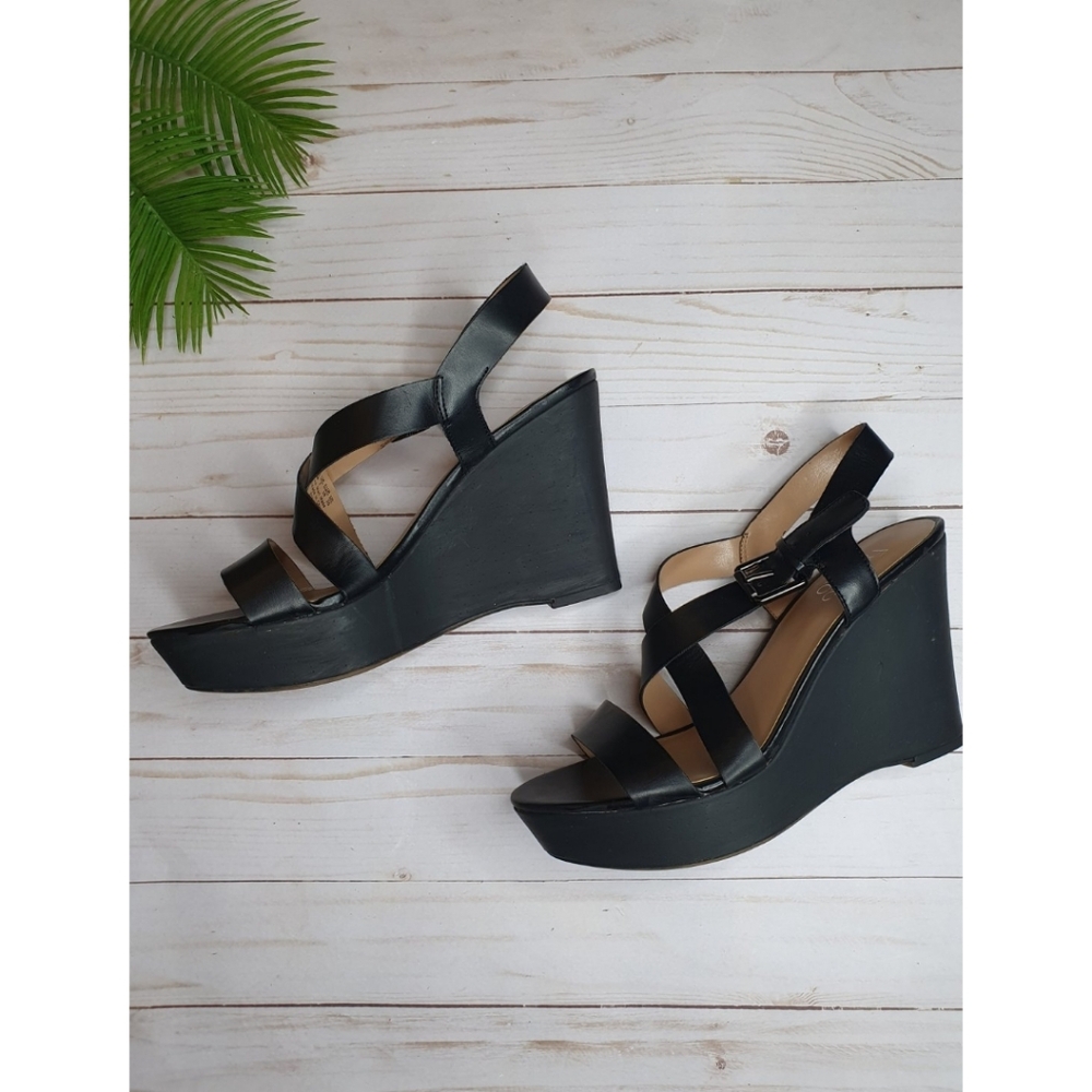 Franco Sarto Stallion Strappy Criss Cross Cork Wedge Sandal, Platform, Black, 9